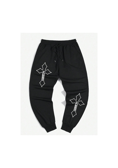 Tarzsokak Guys Cross Letter Graphic Drawstring Waist Eşofman Altı Siyah