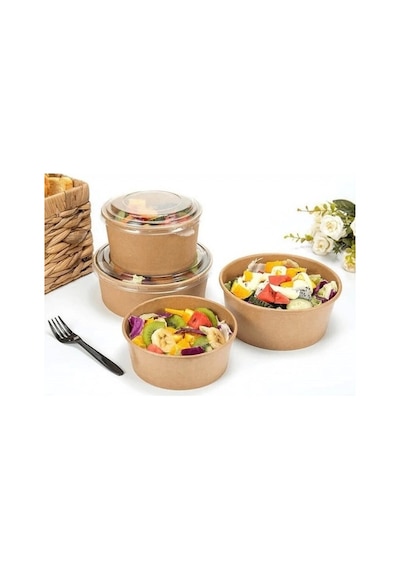 Omeyva Yuvarlak Şeffaf Kapaklı Kağıt Karton Kraft Salata Yemek Kabı Kase- 20 Oz - 590 Ml. - 30 Adet
