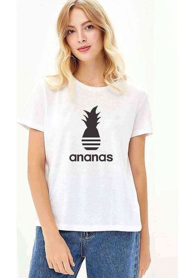 Silhouette Ananas Parody Logo Baskılı Beyaz Kadın Tshirt