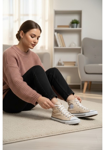 Enoch Kadın Boğazlı Bilekli Canvas Ve Bez Bağcıklı Rahat Günlük Sneaker Spor Ayakkabı Bej