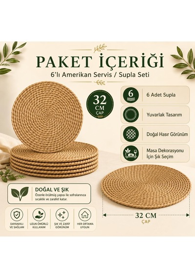 Lexroo Sogud Hasır Supla 6 Lı Set - 32 Cm Yuvarlak Amerikan Servis - Kahverengi