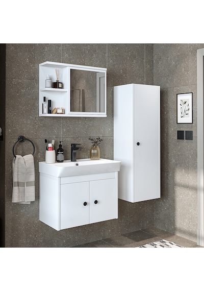 Ada Lavabolu Banyo Alt Dolabı + Banyo Üst Dolabı + Boy Dolap Byz Mat Beyaz
