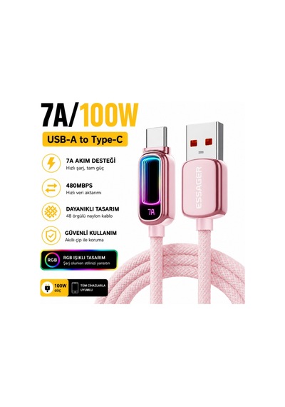 Essager 7a 100w Rgb Işıklı Usb-a To Type-c Hızlı Şarj Kablosu 480mbps Veri Aktarımı, Örgülü Dayanıklı Kablo 00354-00355 Pembe 1 Metre