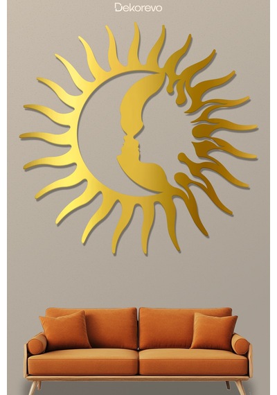 Ay Ve Güneş Metal Duvar Tablosu - Altın - 48 X 50 Cm