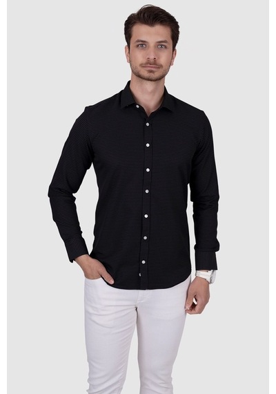 Beyaz Nokta Desenli Siyah Slimfit Erkek Gömlek Siyah