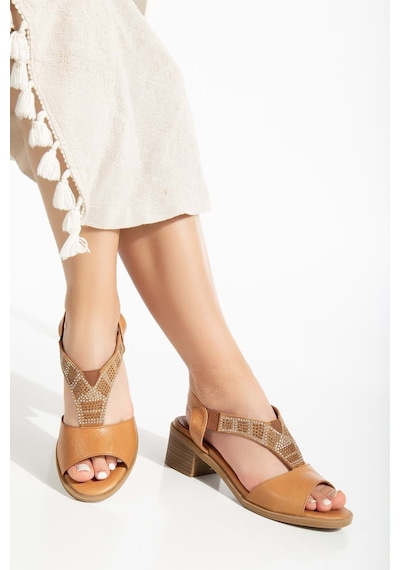 Analin Shoes Kadın Hakiki Deri Lastikli Rahat Taşlı Sandalet Kot Mavi Taba