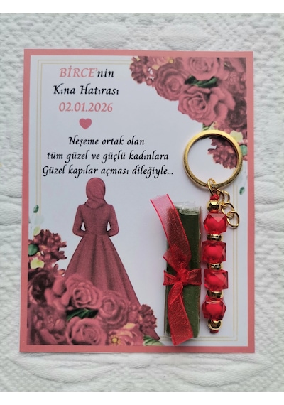 100 Adet Kişiye Özel Tesettürlü Model Kına Hatırası Hediyelik Kırmızı Anahtarlık Ve Paketlenmiş Kına