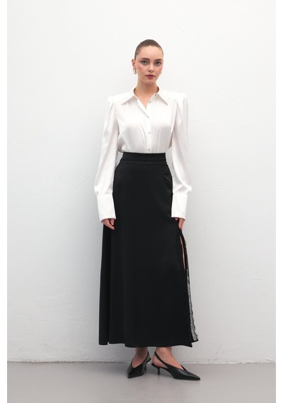 Sateen Dantel Detaylı Saten Etek - Siyah-137170 Siyah