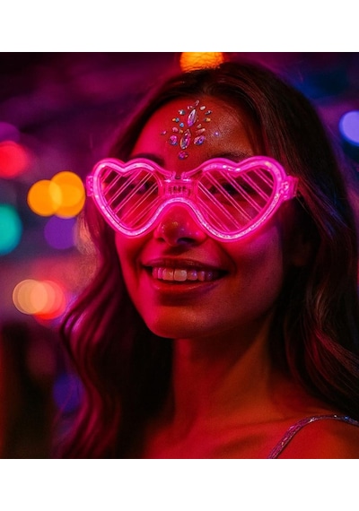 Pembe Led Işıklı Kalp Gözlük 3 Modlu Parti - Glow Gözlüğü 5286