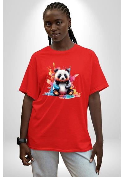 Renkli Yavru Panda Pamuklu Bisiklet Yaka Unisex Oversize Boyfriend Dijital Baskılı Kırmızı T-shirt Kırmızı