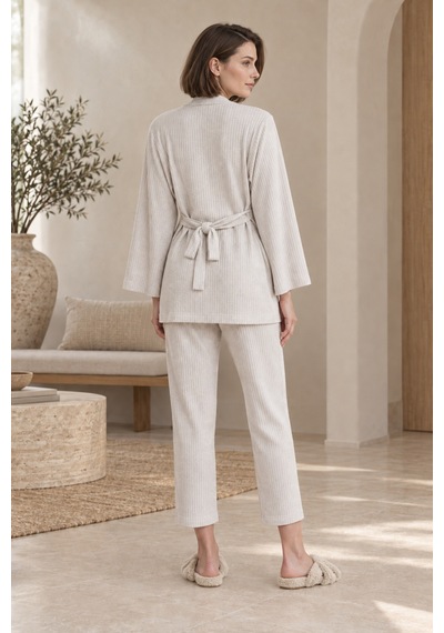 Loule Kadın Bej Melanj Kimonolu Penye Pijama Takımı Braletli 3 Parça Loule Kadın Bej Melanj Kimonolu Penye Pijama Takımı Braletli 3 Parça