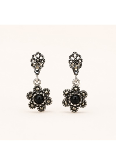 925 Ayar Gümüş Oltu Taşı Küpe Flower Renkli