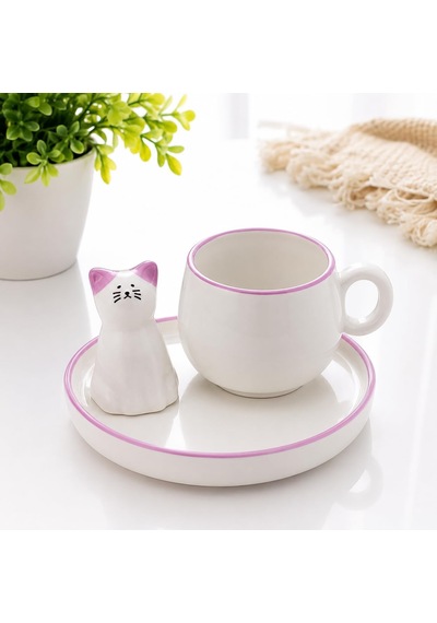 Kedi Figürlü Lila Renk Seramik Espresso Fincanı Ve Tabak Seti Sevimli Tasarım Mini Kahve Fincanı Çok Renkli