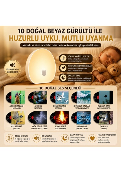 Polham Beyaz Gürültü Uyku Yardımcısı Ve Gece Lambası Dokunmatik, Zamanlayıcılı, Şarjlı, Bebek Uyku Yardımcısı