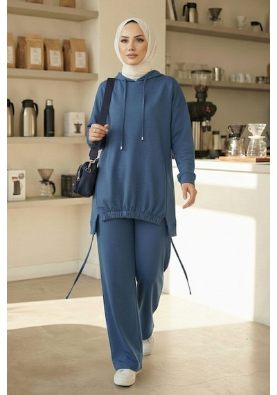 Bestenur Kapüşonlu Tunik Pantolon Takım 1682 - İndigo İndigo