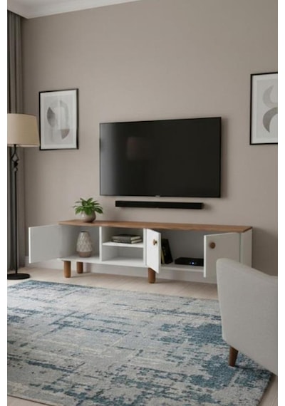 Sezer Tv Ünitesi 3 Kapaklı Tv Ünitesi Salon Mobilyası Beyaz