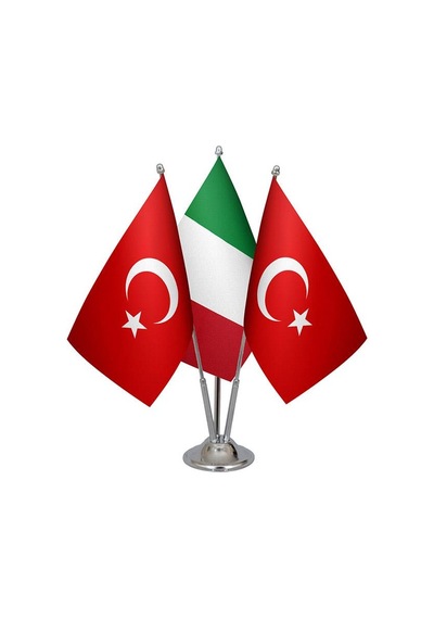 Masa Üstü İtalya Bayrağı Türk Bayrağı Üçlü Krom Direk Masa Bayrak