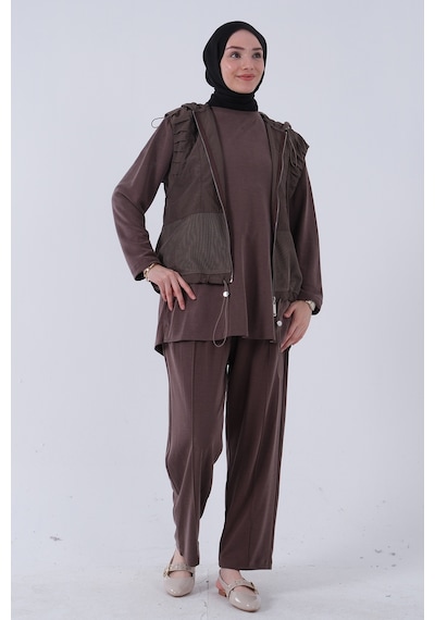 Feminist Kahve İçi Tunikli Yelek Pantolon 3'lü Takım 4701618