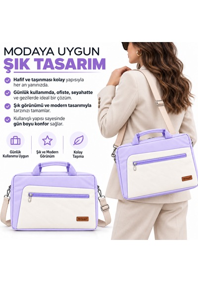 Microcase Apple MacBook Pro 14 İnch M4 2024 İle Uyumlu Apple MacBook Taşıma Çantası Omuz Askılı Çok Bölmeli Al5694 Lila