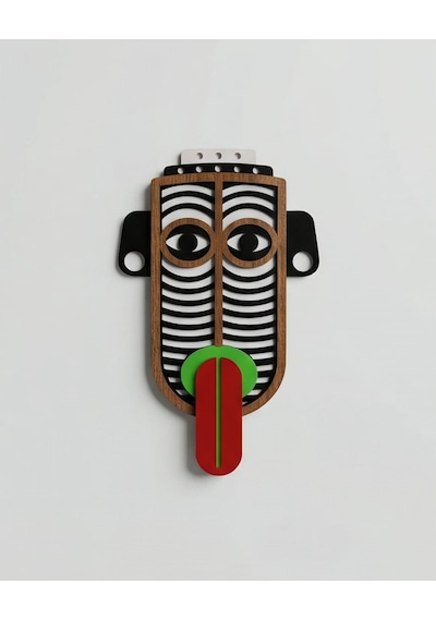 Modern Picasso Tarzı Ahşap Duvar Maske Mdf - Siyah Turuncu - Kırmızı Geometrik Tribal Mask 1