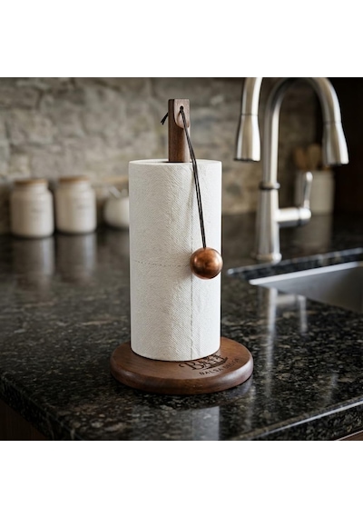 Doğal Bambu Bohem Top Tutacaklı Kağıt Havluluk - Dekoratif Ahşap Stand 30x14 Cm, Kahve Ve Bamb