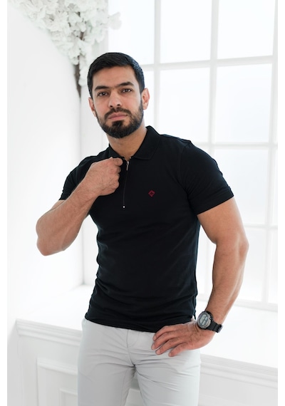 Paul Martin Fermuarlı Polo Yaka Regular Fit T-Shirt Siyah