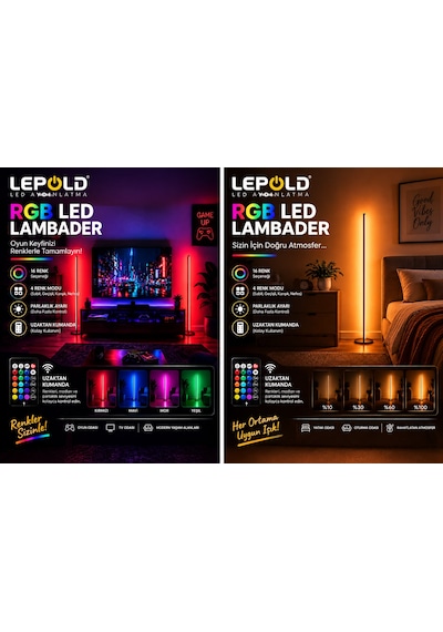 Rgb Led Lambader 120 Cm Kumandalı 16 Renkli Dekoratif Ayaklı Lamba, Parlaklık Ayarlı, Renk Geçişli Ortam Siyah