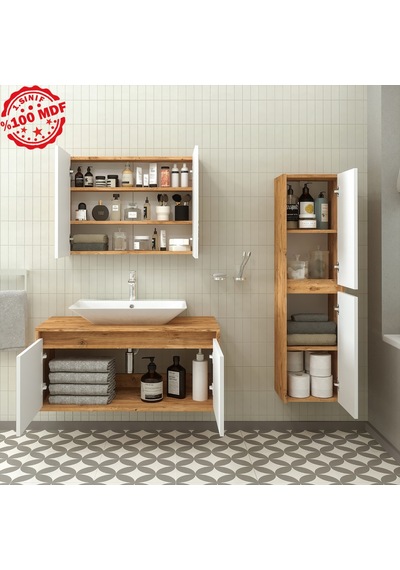 Banos Roomart Lavabolu Ahşap-Mat Beyaz 100Cm Banyo Dolabı+Aynalı Beyaz Banos Roomart Lavabolu Ahşap-Mat Beyaz 100Cm Banyo Dolabı+Aynalı Beyaz