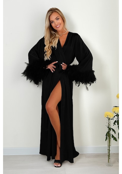 Juwana Tüylü Kol Detaylı Lüks Saten Gelin Sabahlığı Siyah