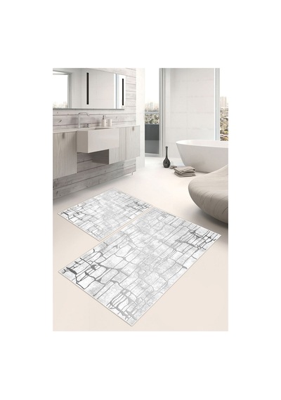Modern Desenli Gri Dijital Baskılı Yıkanabilir 2li Banyo Paspası
