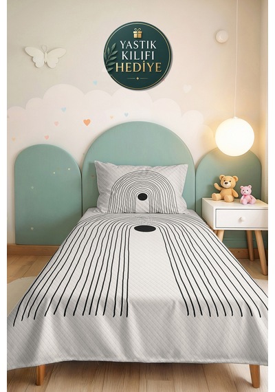 Siyah Geometrik Modern Genç Odası Tek Kişilik Pike Takımı - Minimal 160x220 Cm Kapitone Yatak Örtüsü Kremamsı Kil Kokusu