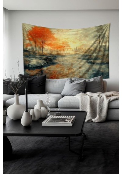 Sonbahar Nehir Manzarası Desenli Duvar Halısı Duvar Örtüsü Tapestry Süet Dokulu Kumaş