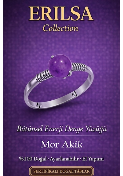 Sertifikalı Bütünsel   Yüzüğü Mor Akik Taşı Ayarlama Çok Renkli