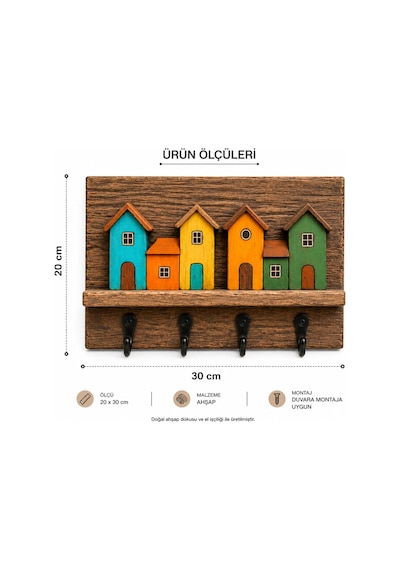 Dekoratif Ahşap Ev Figürlü Anahtarlık Askılığı 20x30 Cm 4 Kancalı Duvar Anahtarlığı Organizer Çok Renkli