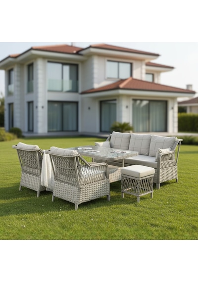 Petra Galvanizli 3+1+1+masa 80x140 +2 Puf Bahçe Balkon Mobilyası Açık Krem