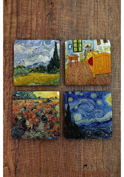 Doğal Taş Bardak Altlığı - Van Gogh Eserleri Baskılı 10x10cm Stone Coasters Çok Renkli