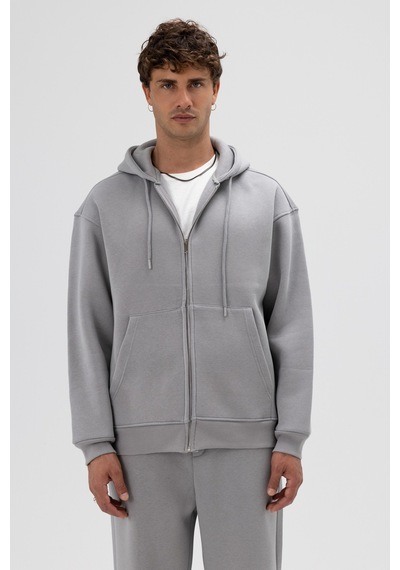 Vamos Basic Fermuarlı Oversize Kapüşonlu Sweatshirt Gri