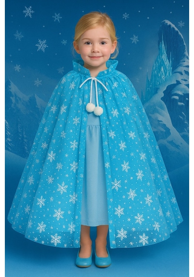 Frozen Elsa Tarzı 80 Cm Mavi Kar Taneli Pelerin Kız Çocuk Kostüm Temalı Parti Aksesuarı 5-9 Yaş