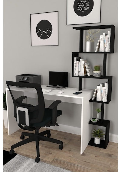 Moonlife Pratik Kitaplıklı Çalışma Masası Beyaz Siyah