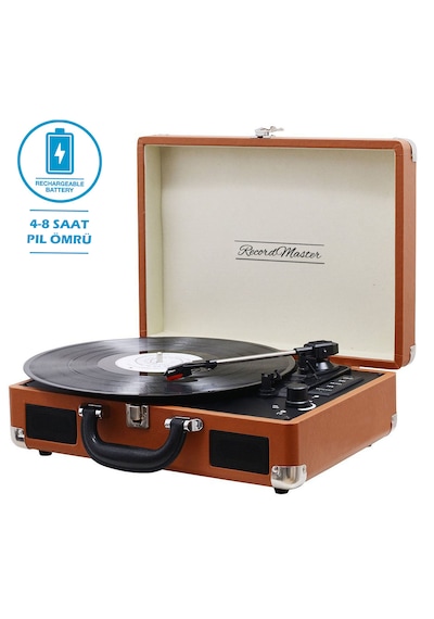 Record Master T310CH Pikap Plak Çalar - Şarj + Bluetooth - 33, 45, 78 Devir - Universal Iğneli - Kahverengi