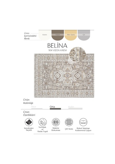 Cool Halı Belina Krem Vizon Vintage Halı İnce Etnik Desen Bukle Retro Oda Oturma Odası Salon Halısı