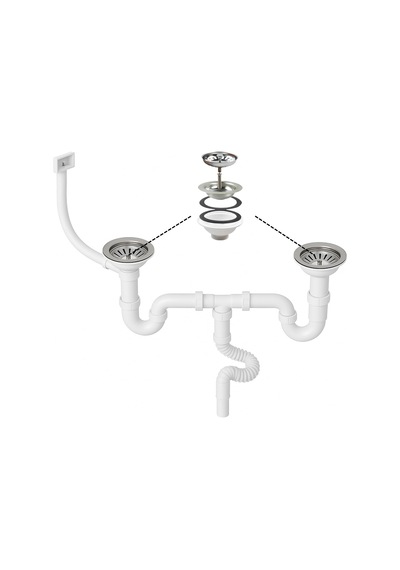 Tr Çöpmak Çiftli Evye Sifonu, Yandan Taşmalı, 11 Cm Çap, Derin Tip, Koku Önleyici, Lavabo Gider Seti, Beyaz