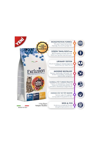 Exclusion Düşük Tahıllı Monoprotein Sığır Etli Yetişkin Kedi Maması 1500 G