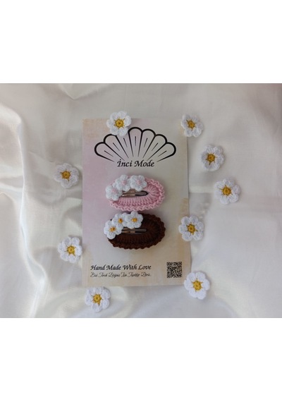 Kız Çocuk Çiçek Desenli Kahverengi Pembe 2'li Toka Seti Hand Made Örgü Toka Çok Renkli