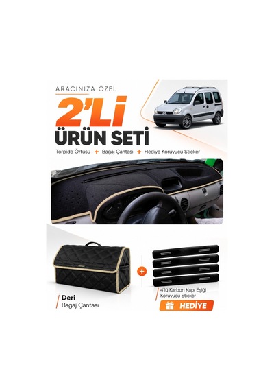 Renault Kangoo 2 Airbagsiz 2004-2008 Uyumlu Torpido Örtüsü + Deri Bagaj Çantası Seti - Siyah Bej