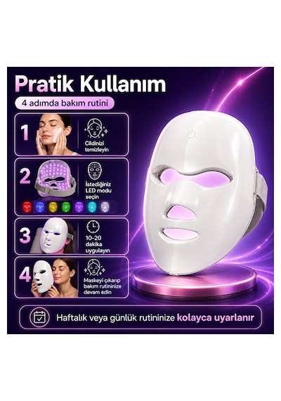 Işıklı Cilt Bakım Maskesi 7 Renk Led Işık Terapisi Yüz Maskesi 400mah Şarjlı Kırışıklık