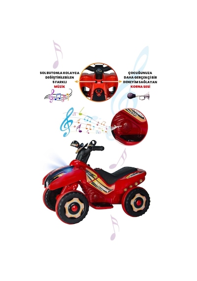 Müzikli Ve Led Işıklı Rang Akülü Atv 6v Kırmızı Kırmızı