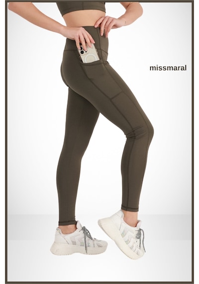 Kadın Tayt Haki Yüksek Bel Çift Cep Detaylı Mevsimlik Toparlayıcı Spor & Casual 1057 Haki