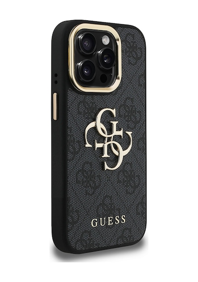 Apple iPhone 15 Pro Max Uyumlu Kılıf Guess Lisanslı Metal 4g Ve Yazı Logolu Kamera Standlı Kapak Siyah