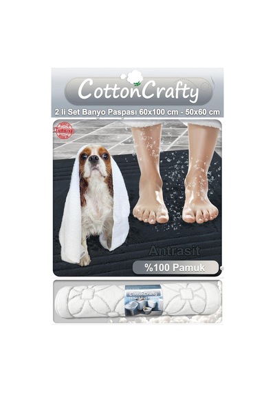 Cottoncrafty %100 Pamuk Dokuma Su Emici Banyo Paspas Seti, Banyo Halısı Vera 2 Li Set 60x100-60x50 Antrasit Diğer